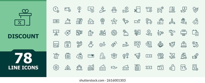 Discount line icon set. Discount Coupon line icon set. Collection of simple line web icons. Includes symbols for commerce, payment,  coupon, gift, shopping, business and more. Vector illustration.