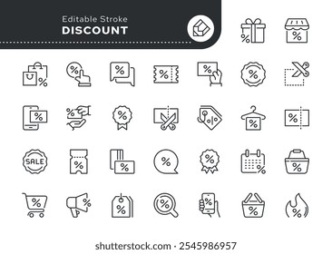 Conjunto de iconos de línea de descuento. Venta, porcentaje, reducción de Precio, viernes negro, Cupón, compra, tienda, tienda, promoción y más. Colección de iconos de contorno. Serie de pictogramas de Vector.