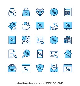 Discount line icons. Blue color. Vector line icons set