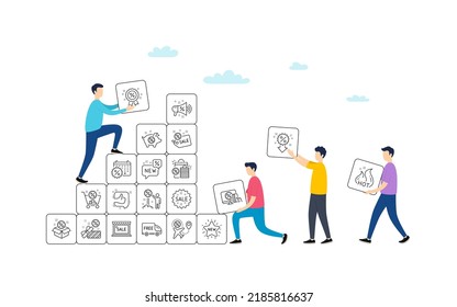 Discount line icons. People team work concept. Set of Shopping, Sale and New icons. Free delivery, Flight sale and Black friday discount. Hot offer, Airplane and new store. Online shopping. Vector