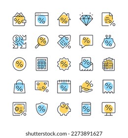 Discount line icons. Set of sale icons. Black, blue and yellow colors. Modern outline graphic design. Vector line icons set