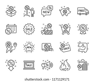 Discount line icons. Set of Shopping, Sale and New linear icons. Free delivery, Flight sale and Black friday discount symbols. Hot offer, Airplane and new store. Online shopping. Clearance. Vector