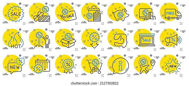 Discount line icons. Set of Shopping, Sale and New icons. Free delivery, Flight sale and Black friday discount. Hot offer, Airplane and new store. Online shopping. Black friday clearance. Vector
