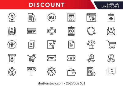 Discount line icons set. Shopping, offer, price, off, tag, buy, shop, e-commerce, business, and online shopping outline linear icon collection. Vector thin icon pack