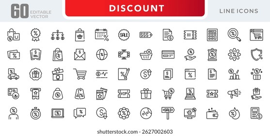 Discount line icons set. Shopping, offer, price, off, tag, buy, shop, e-commerce, business, and online shopping outline linear icon collection. Vector thin icon pack