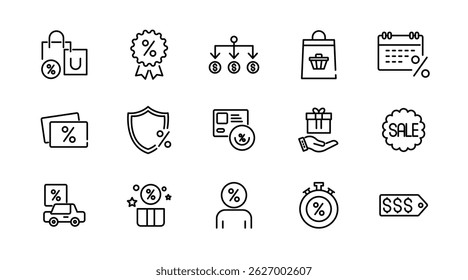 Discount line icons set. Shopping, offer, price, off, tag, buy, shop, e-commerce, business, and online shopping outline linear icon collection. Vector thin icon pack