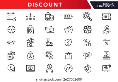 Discount line icons set. Shopping, offer, price, off, tag, buy, shop, e-commerce, business, and online shopping outline linear icon collection. Vector thin icon pack