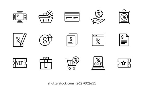 Discount line icons set. Shopping, offer, price, off, tag, buy, shop, e-commerce, business, and online shopping outline linear icon collection. Vector thin icon pack