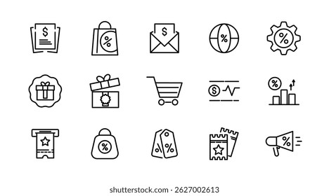 Discount line icons set. Shopping, offer, price, off, tag, buy, shop, e-commerce, business, and online shopping outline linear icon collection. Vector thin icon pack