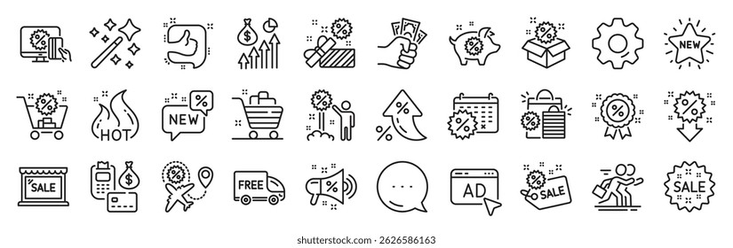 Discount line icons. Settings gear, Message, Inflation icons. Set of Shopping, Sale and New icons. Free delivery, Flight sale and Black friday discount. Hot offer, Airplane and new store. Vector