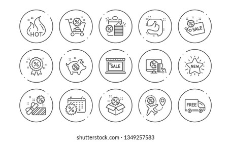 Discount line icons. Shopping, Sale and New. Hot offer linear icon set. Line buttons with icon. Editable stroke. Vector