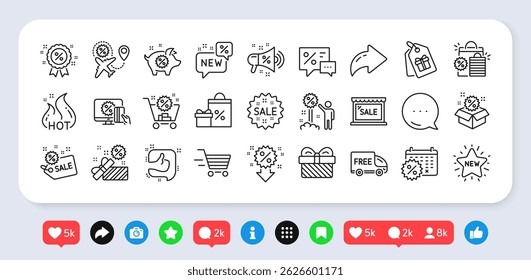 Discount line icons. Social media: share, comment, like icons. Set of Sale, Shopping and New icons. Free delivery, Flight sale and Black friday discount. Hot offer, Airplane and new store. Vector