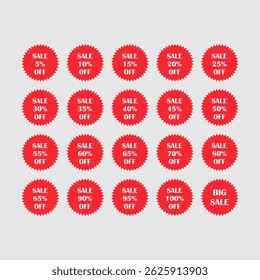 Discount logo, big discount in a red circle isolated on a white background. Suitable for retail, business, banner, pamphlet.