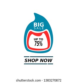 Discount logo, discounts for sales of food, beverages, household appliances, electronic equipment in blue and red, with plastic design