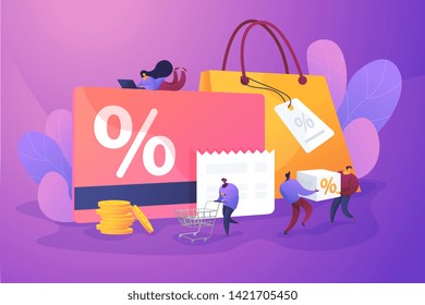 Discount and loyalty card, loyalty program and customer service, rewards card points concept. Vector isolated concept illustration with tiny people and floral elements. Hero image for website.
