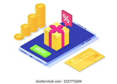 Discount, Loyalty card program and customer service. Vector isometric illustration.