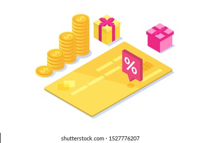 Discount, Loyalty card program and customer service. Vector isometric illustration.
