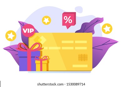 Discount, Loyalty card program and customer service. Vector illustration.