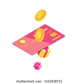Descuento, programa de tarjetas de fidelización y Servicio al cliente. Ilustración isométrica de Vector.