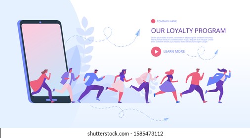 Discount and loyalty marketing program for regular customers. Making order at online store. Customer service, rewards card points concept. Vector illustration with people. Hero image for website.