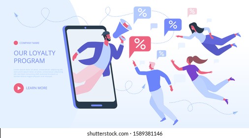Discount and loyalty marketing program for regular customers. Making order at online store. Customer service, rewards card points concept. Vector illustration with people. Hero image for website.