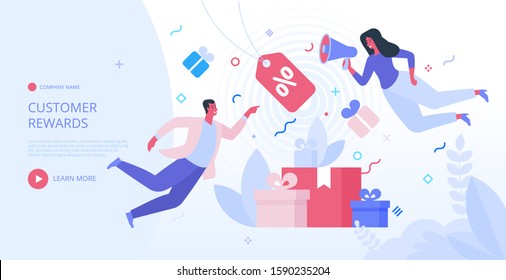 Discount And Loyalty Marketing Program For Regular Customers. Making Order At Online Store. Customer Service, Rewards Card Points Concept. Vector Illustration With People. Hero Image For Website.