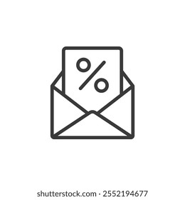 Discount mail, icon in line design. Discount, mail, email, promotion, offer, sale, savings on white background vector. Discount mail editable stroke icon