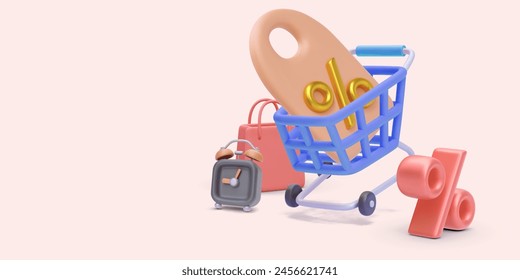 Anuncio de concepto de marketing de descuento en estilo realista 3d con bolso de compras, Carrito, reloj, porcentaje. Ilustración vectorial