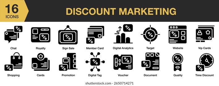 Discount Marketing solid icon set. Includes discount, marketing, sale, promotion, offer, price, and More. Solid icons vector collection.