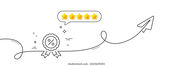 Discount medal line icon. Continuous line with share plane. Sale offer sign. Promotion price award symbol. Five star rate review in speech bubble. Discount medal single line ribbon. Vector