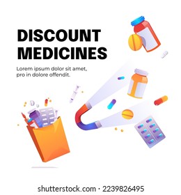 Discount medicines cartoon poster with magnet attract drugs, syringe and medical pills in bottles, ampoule and blisters. Price off promotion, health care, sale in pharmacy concept, vector illustration