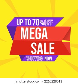 Discount mega sale up to 70 percent red banner with floating ribbon banner for promotions and offers.
