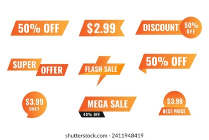 Discount, Mega sale, Super offer, Flash sale price label banners. Red ribbons, tags and stickers. Vector illustration.