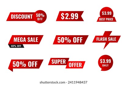 Discount, Mega sale, Super offer, Flash sale price label banners. Red ribbons, tags and stickers. Vector illustration.