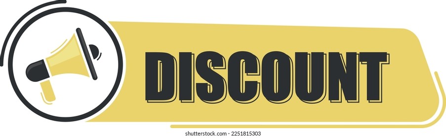 Descuento. Mensaje de megáfono con texto sobre fondo amarillo. Pancarta de Megaphone. Diseño web.