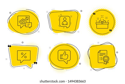 Discount message, Accounting and Smile signs. Chat bubbles. Present box, Developers chat and Like line icons set. Sale offer, Manager talk, Thumbs up. Special offer. Business set. Vector
