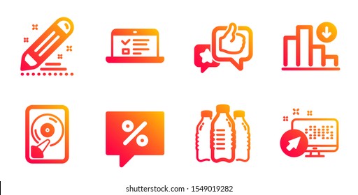 Discount message, Decreasing graph and Hdd line icons set. Water bottles, Brand contract and Web lectures signs. Like, Web system symbols. Special offer, Crisis chart. Business set. Vector