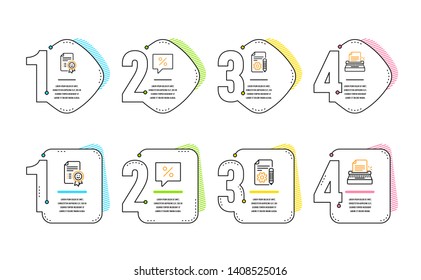 Discount message, Documentation and Smile icons simple set. Typewriter sign. Special offer, Project, Certificate. Writer machine. Business set. Infographic timeline. Line discount message icon