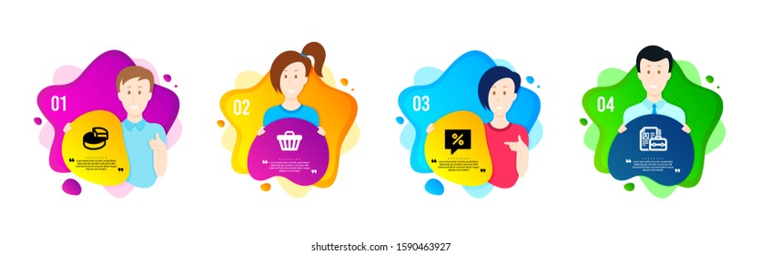 Discount message, Pie chart and Shop cart icons simple set. People shapes timeline. Vacancy sign. Special offer, 3d graph, Web buying. Hiring job. Finance set. Dynamic shape offer. Vector