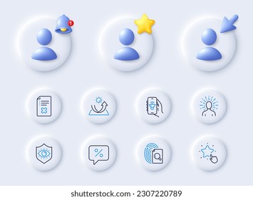 Mensaje de descuento, archivo de rechazo e inspeccionar iconos de línea. Marcador de posición con cursor 3d, campana, estrella. Paquete de aplicación de música, protección ocular, icono de estrella de clasificación. Protección solar, pictograma de yoga. Vector