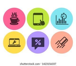 Discount message, Report timer and Tablet pc icons simple set. Laptop repair, Tea cup and Credit card signs. Special offer, Growth chart. Flat discount message icon. Circle button. Vector