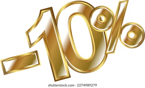 Discount minus 10 percent, golden shiny numbers banner element. Special offer price reduction message promotion store design