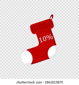 Discount minus 10 percent red Christmas sock icon isolated on white background. Vector illustration