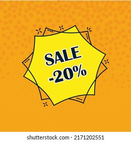 Discount minus 20 percent. Advertising banner. Hexagonal abstract frame. Background with yellow circles. Vector flat illustration.