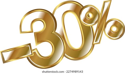 Discount minus 30 percent, golden shiny numbers banner element. Special offer price reduction message promotion store design