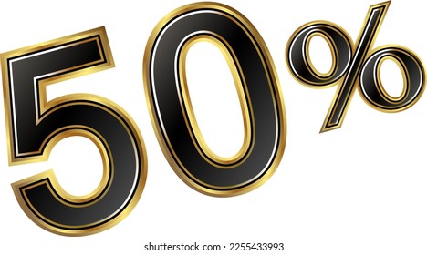 Discount minus 50 percent, golden shiny numbers symbol element. Special offer price reduction message promotion store design