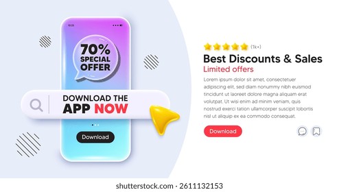 Discount mobile phone banner. App chat speech bubble. 70 percent discount offer tag. Sale price promo sign. Special offer symbol. Phone template with search bar. Download the app now. Vector
