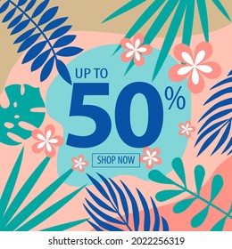 Discount modern vector background. Trendy organic background with tropical plants for social media, poster, flyer.