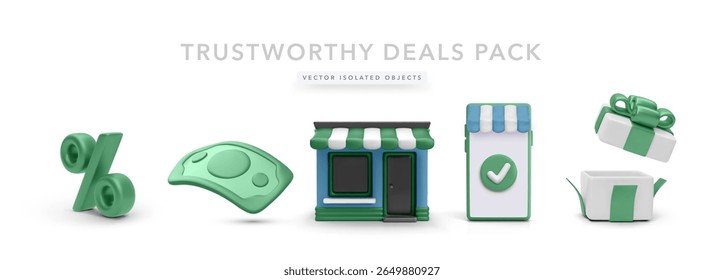Discount, Money, and Shopping Elements Including Percent Symbol, Banknote, Storefront, Mobile Shop Icon, and Open Gift Box. Ideal for Ecommerce and Holiday Sales. Vector Illustration.