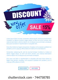 Discount new offer -15% sale winter label with snowballs snowflakes on abstract blue background isolated on white seasonal vector web poster with text